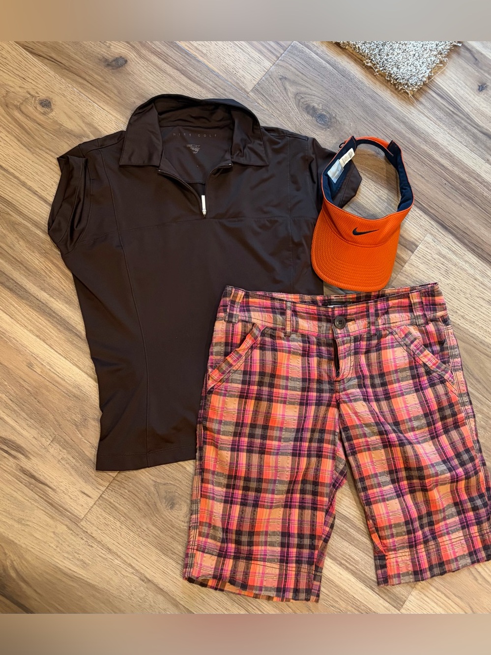 Nike Brown Polo, Orange Visor & Pink/Brown Maurices Plaid  Shorts Set….size S.